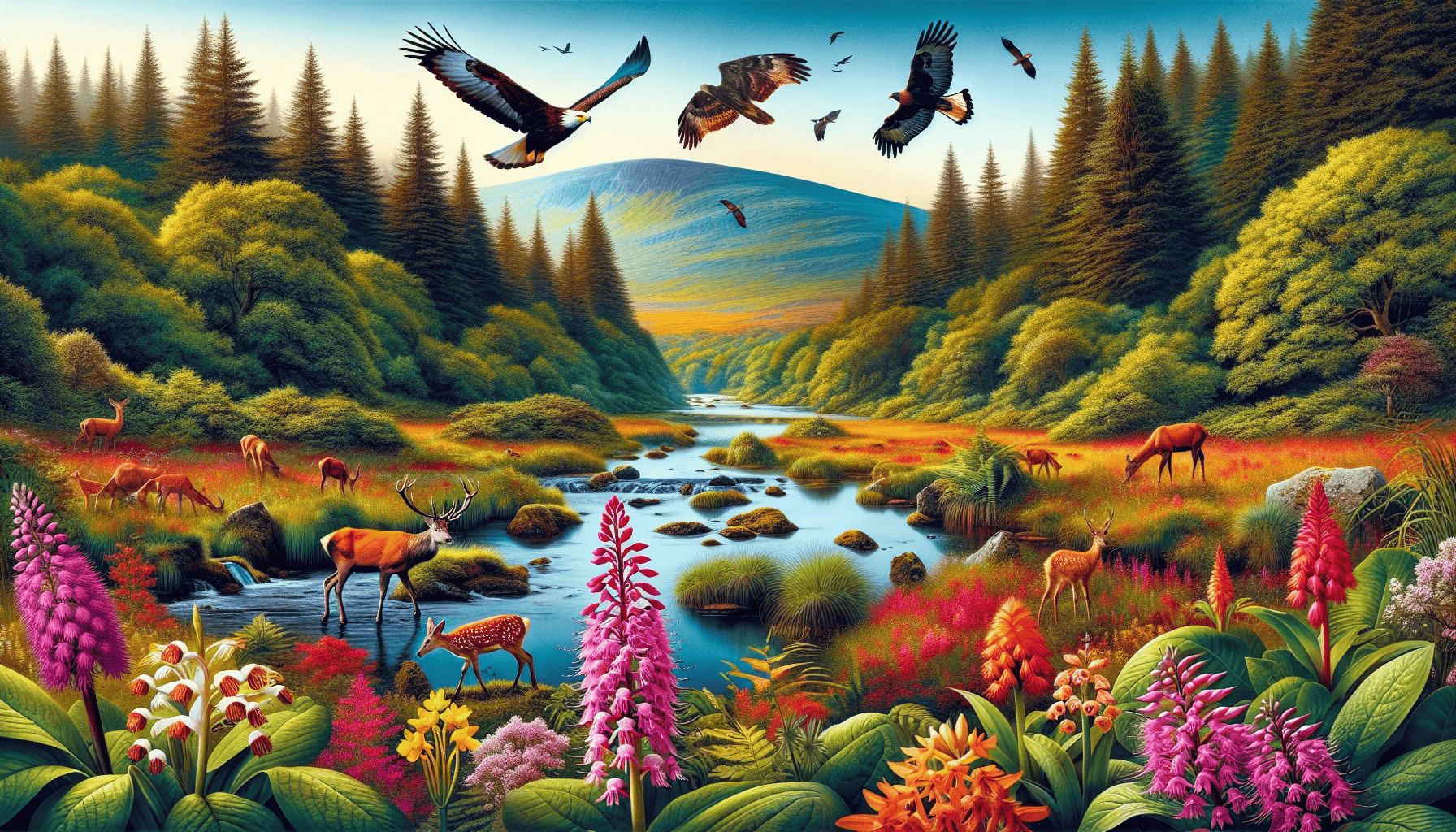 Illustration of diverse wildlife and rare flora in the National Nature Reserve