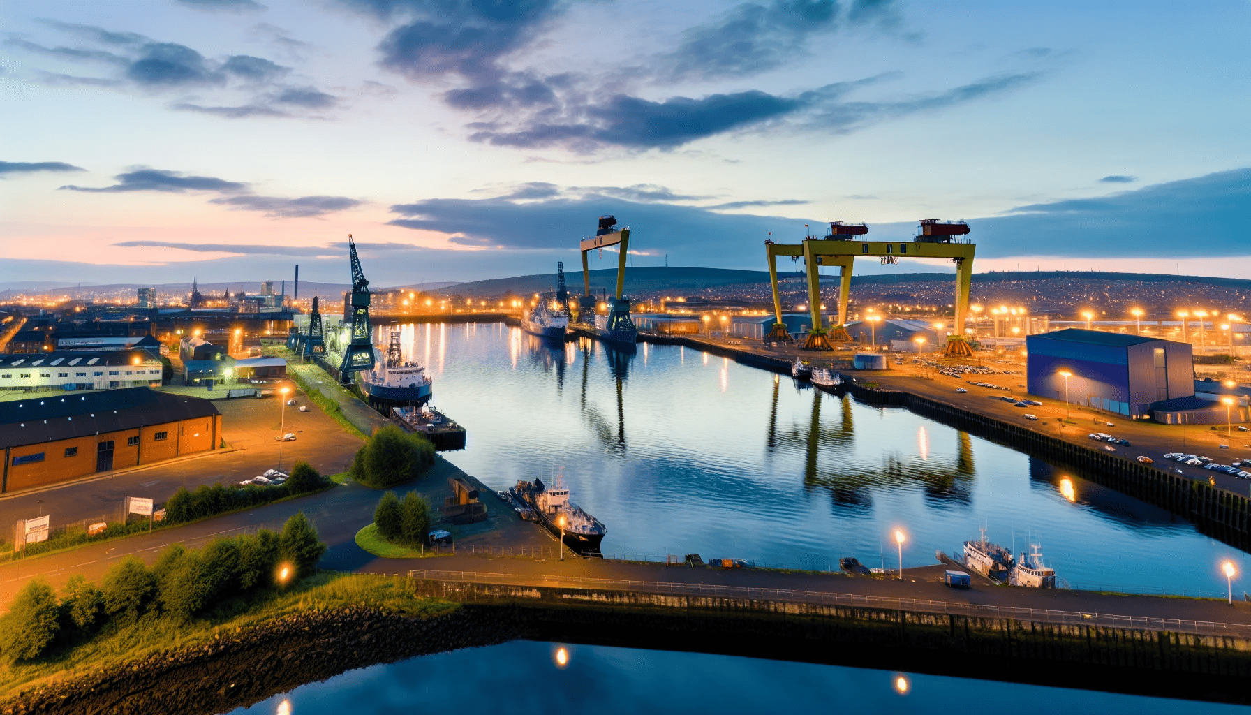 Belfast's Maritime Mile with a view of Queen's Island and shipyard