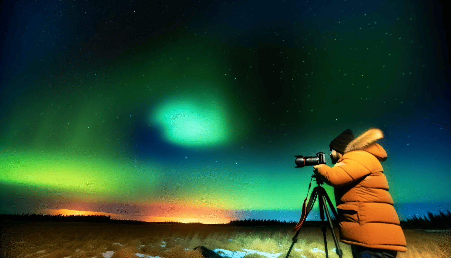 Photographer capturing the vibrant hues of the Northern Lights in Northern Ireland