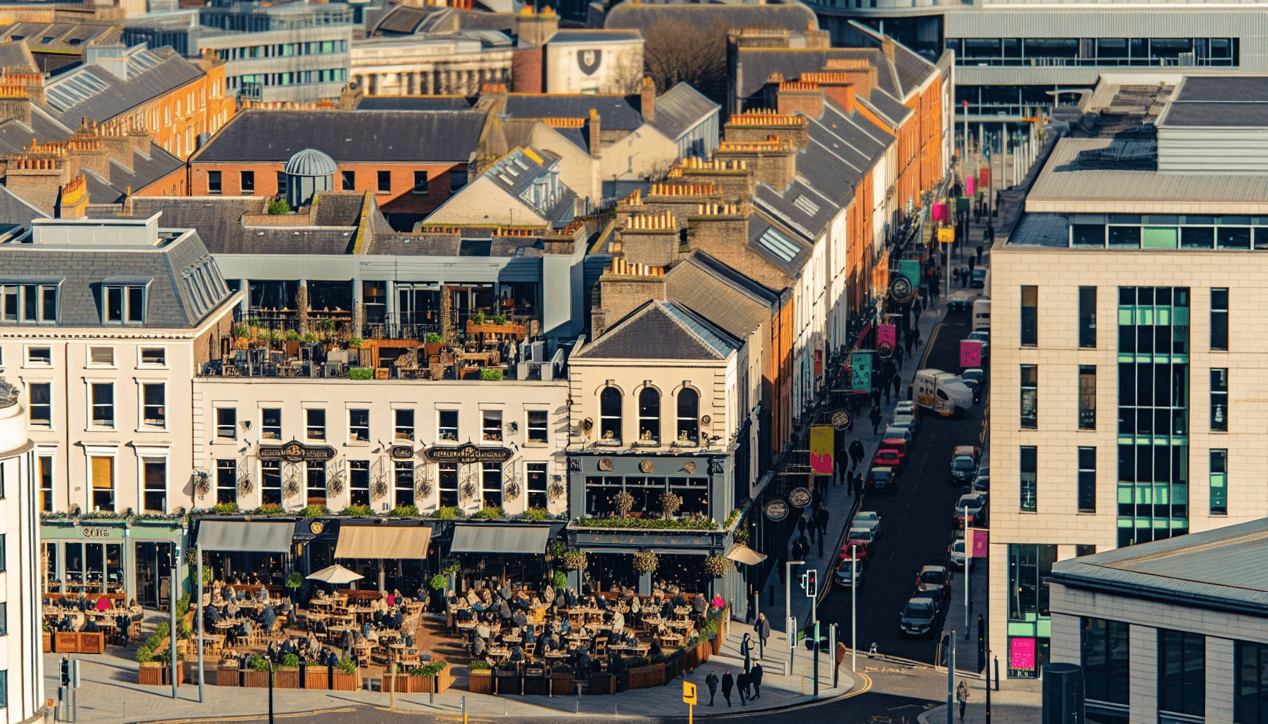 Aerial view of Belfast city centre with its vibrant restaurant scene