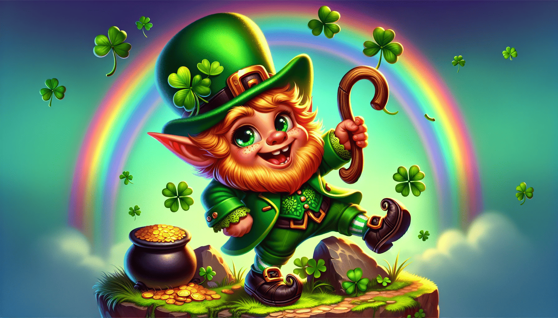 An illustration of a mischievous leprechaun casting a humorous curse, embodying the essence of Irish comedic condemnations