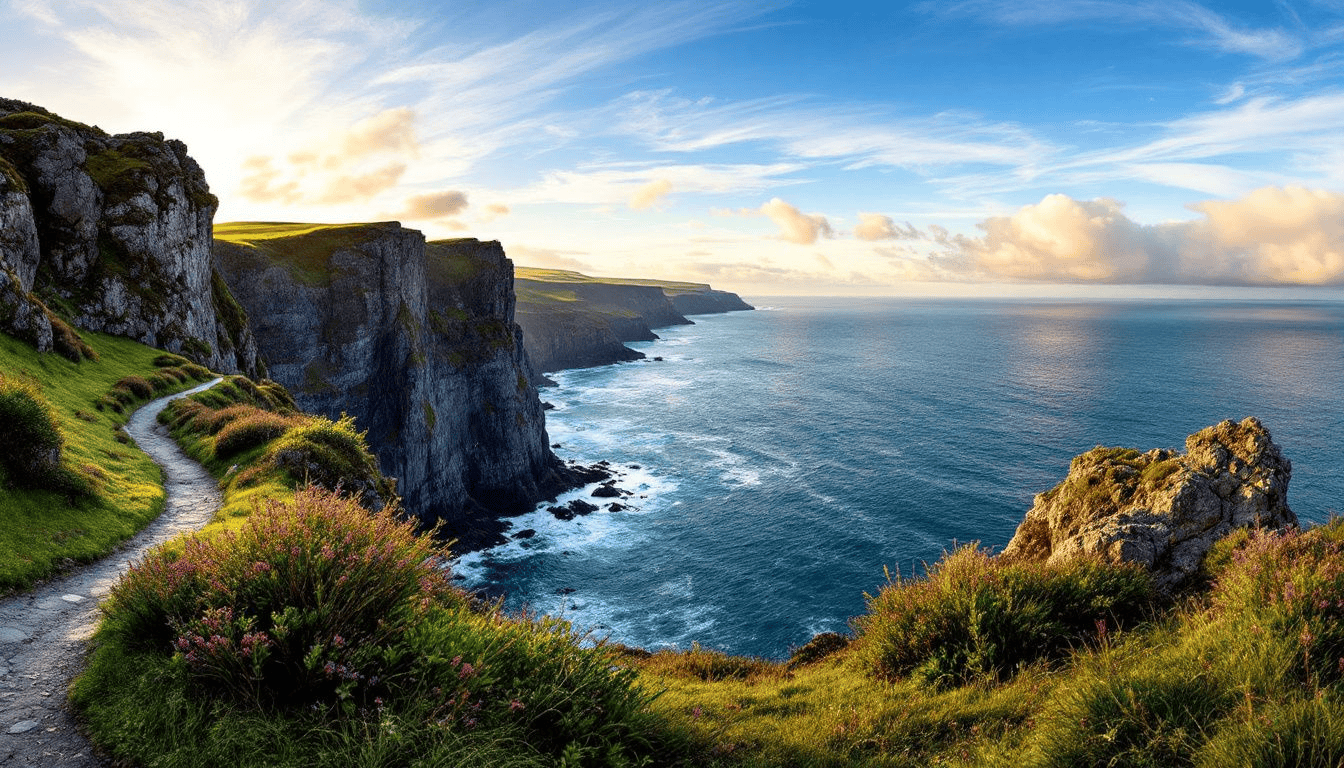 A breathtaking panoramic view from a hiking trail in Northern Ireland, showcasing the stunning scenery.