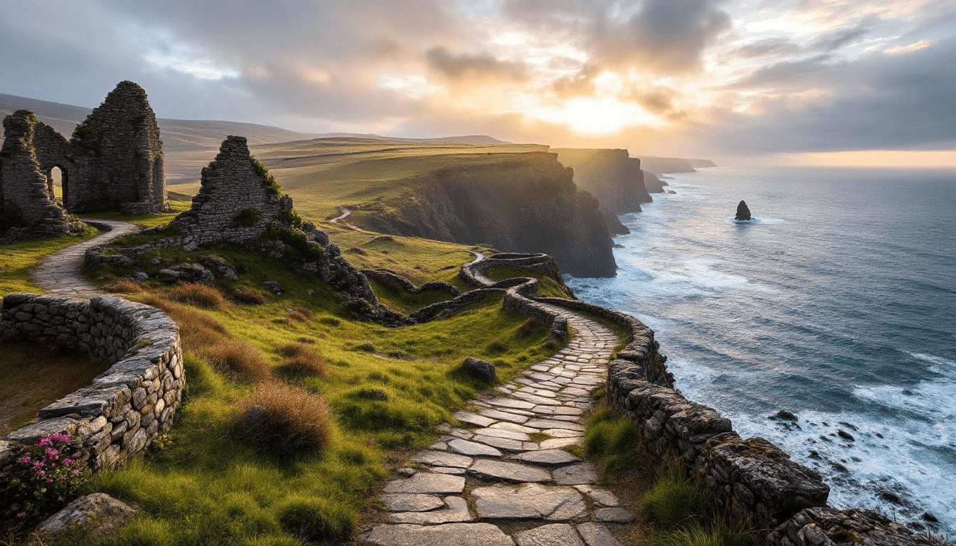 Exploring historical and cultural walks in Northern Ireland, with a glimpse of ancient ruins.