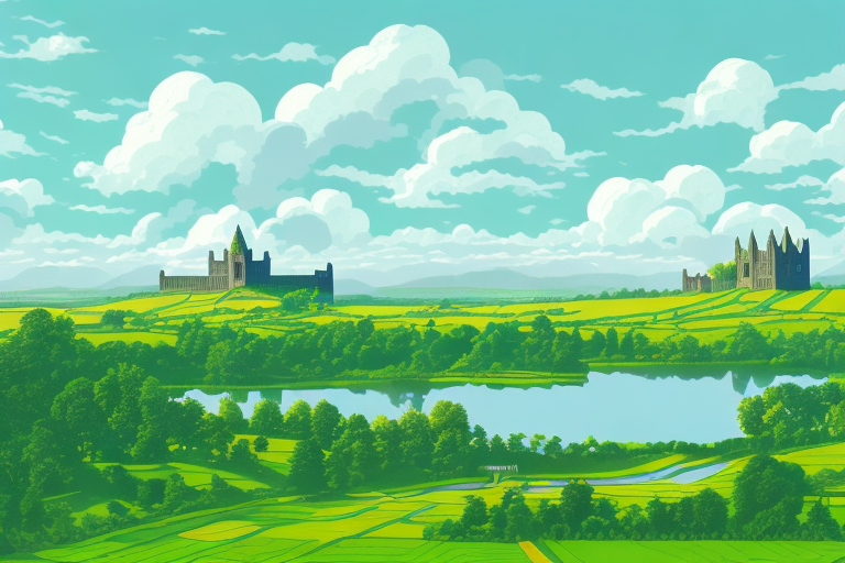 the scenic landscapes of County Armagh, highlighting its lush orchards, ancient cathedrals, and the serene Lough Neagh, hand-drawn abstract illustration for a company blog, in style of corporate memphis, faded colors, white background, professional, minimalist, clean lines